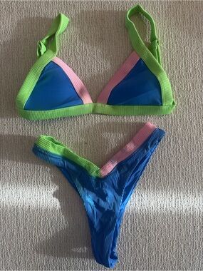 Blue Colorblock Triangle Bikini with Green & Pink Trim